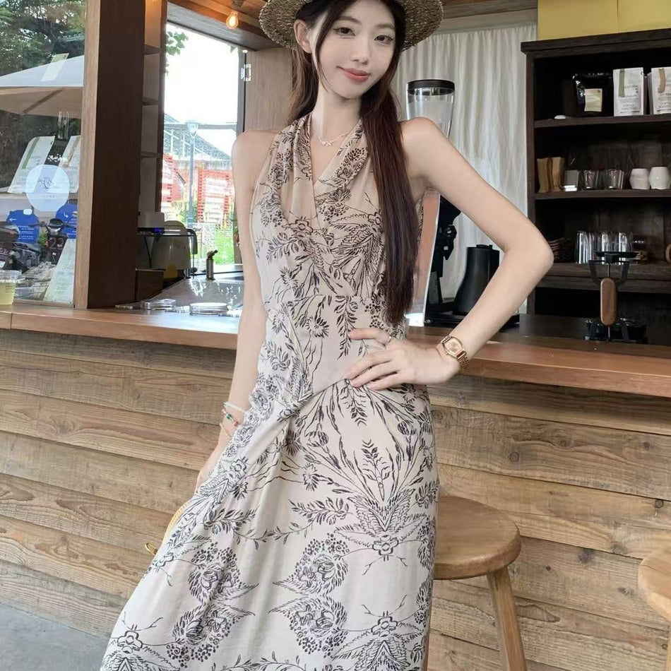 2026 Floral Halter Neck Resort Long Dress Women Summer