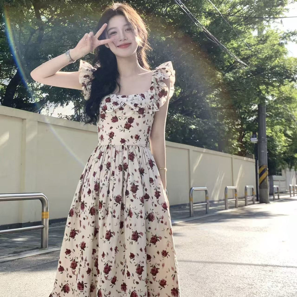 2026 French Floral Square Neck Flutter Sleeve Dress