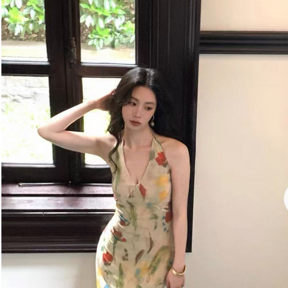 2026 Retro Floral Halter Mesh Long Dress Women Summer