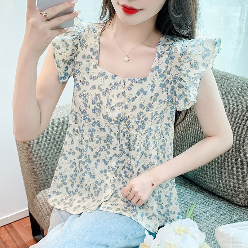 2026 French Floral Chiffon Short Sleeve Crop Shirt Women