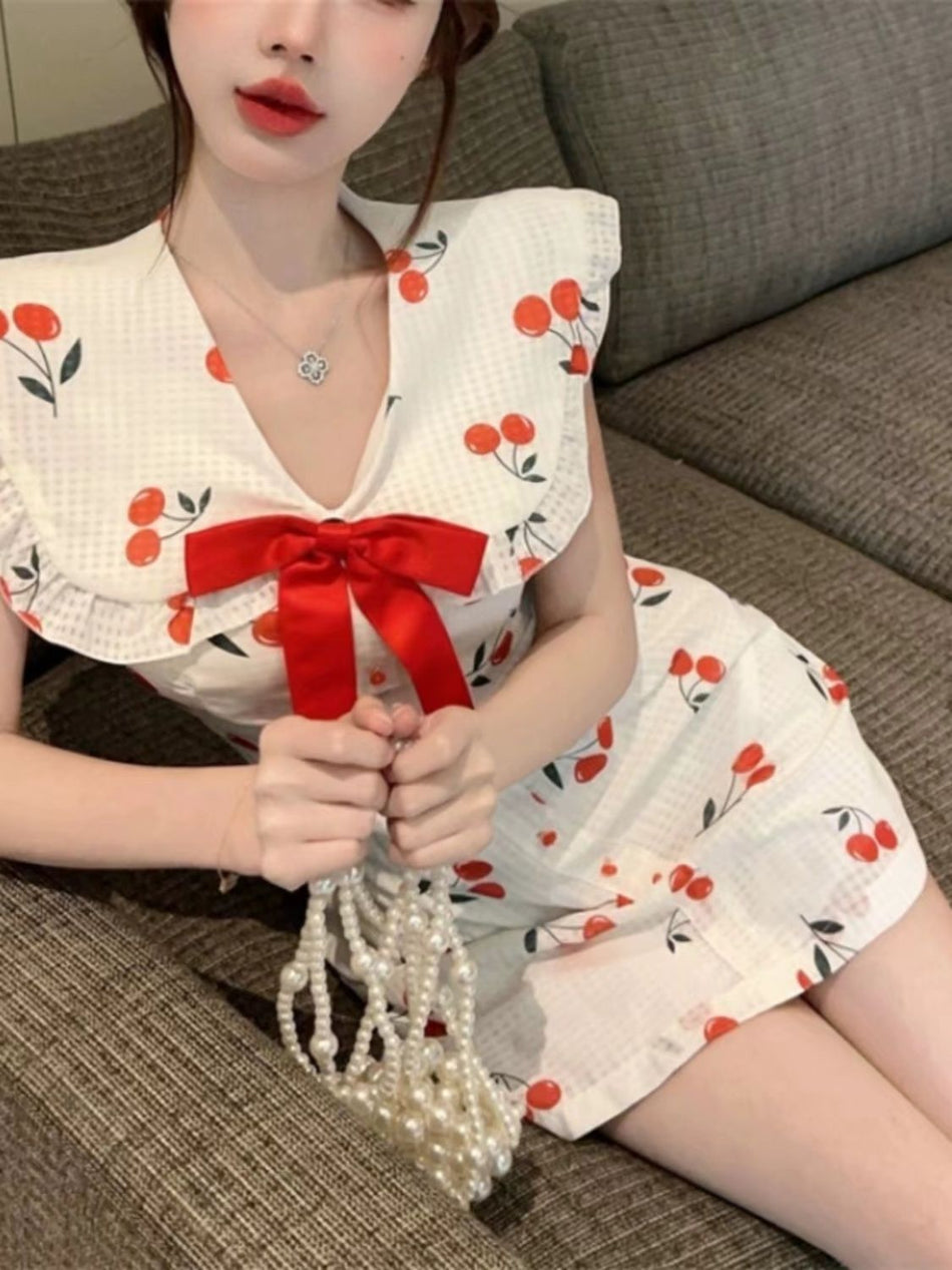2026 Korean Cherry Print Lapel Slim Dress Women Summer