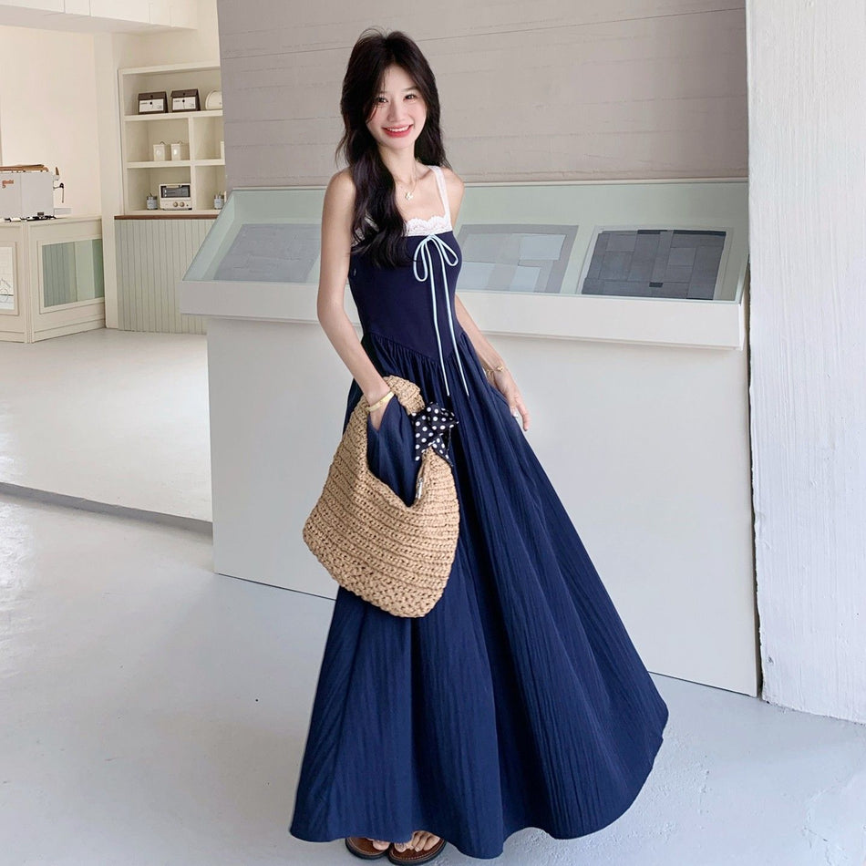 Navy Blue Hepburn Flared Strap Long Dress Women Summer