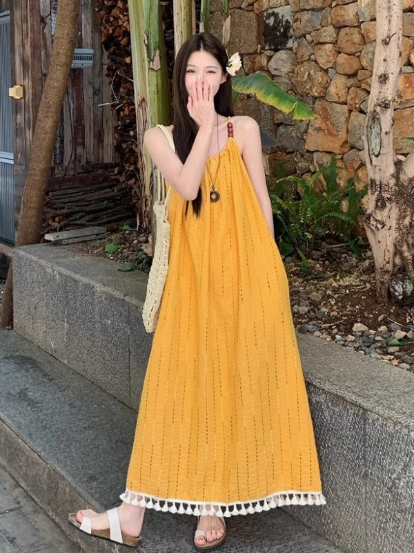 2025 Yellow Tassel Beach Suspender A-Line Dress Women