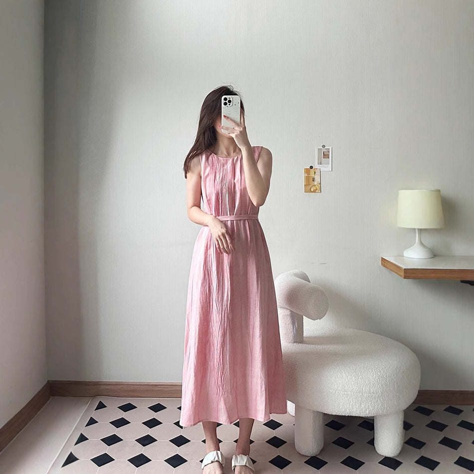French Retro Pink Halter Off-Shoulder Summer Dress Women