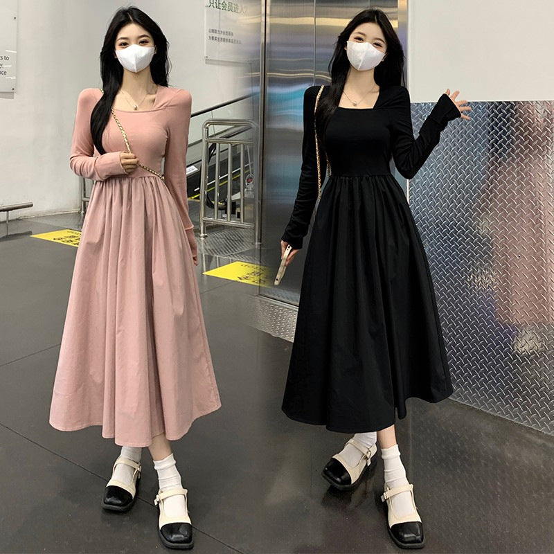French Square Collar A-Line Slim Long Dress Women