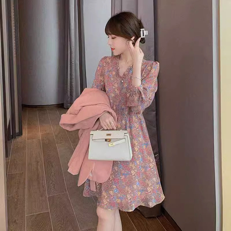2024 V-Neck High Waist Slim Long Sleeve Dress Women