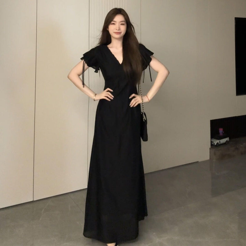 2026 Hepburn Black V-Neck Long Dress Women Summer