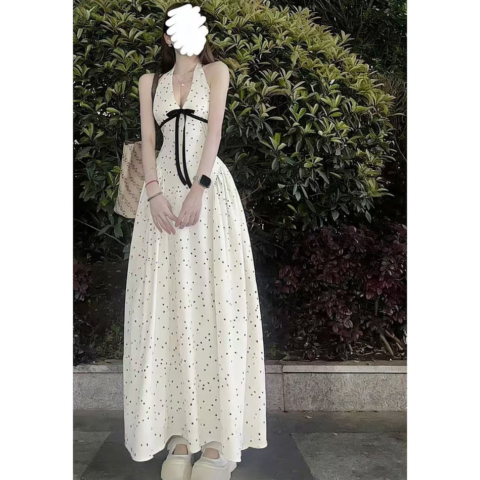 2026 French Polka Dot Halter Waist Slim Long Dress Women