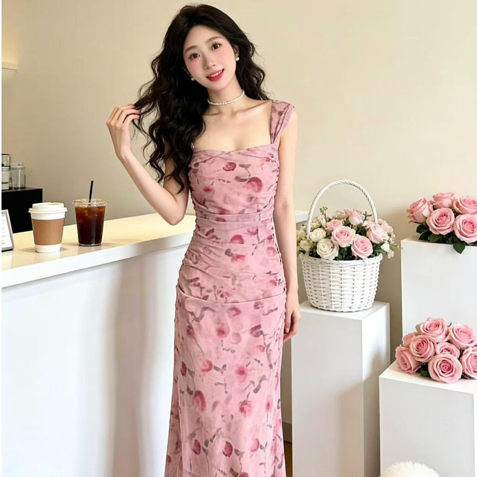 French Pink Floral Strap Dress – Slim & Elegant 2026