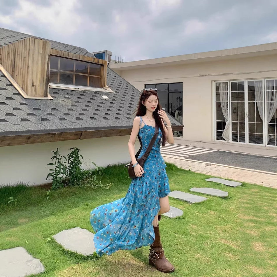 Retro Floral Suspender Dress – Slim A-Line Long Skirt