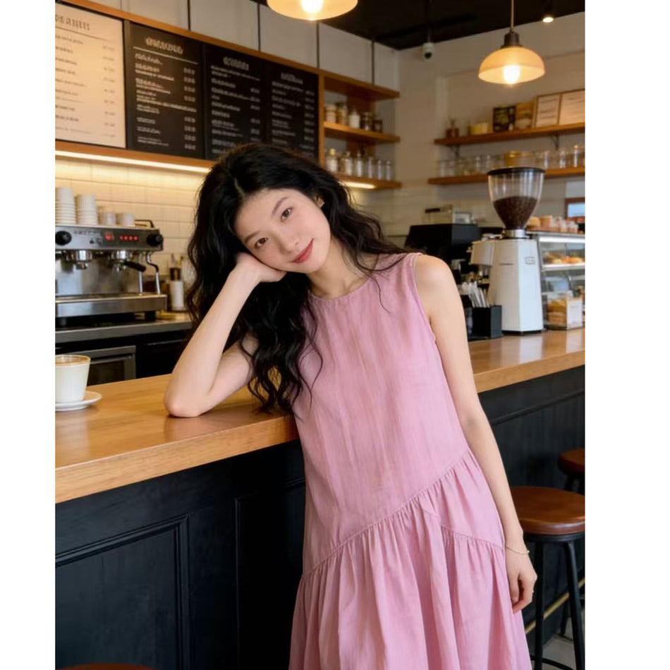 Pink Cotton Linen French Sleeveless Dress – Goddess 2026