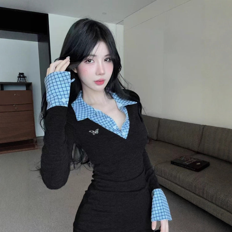 Autumn Plaid Fake Two-Piece Slim Pleated Short Dress – Women