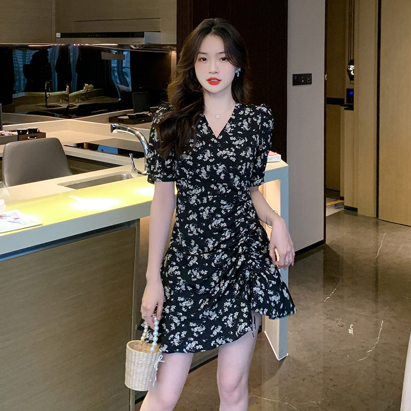 French Floral Chiffon V-Neck High-Waist Ruffle Short Dress