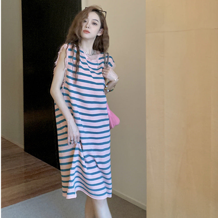 Korean Striped Tassel Tank Dress – Casual Loose Mid-Length