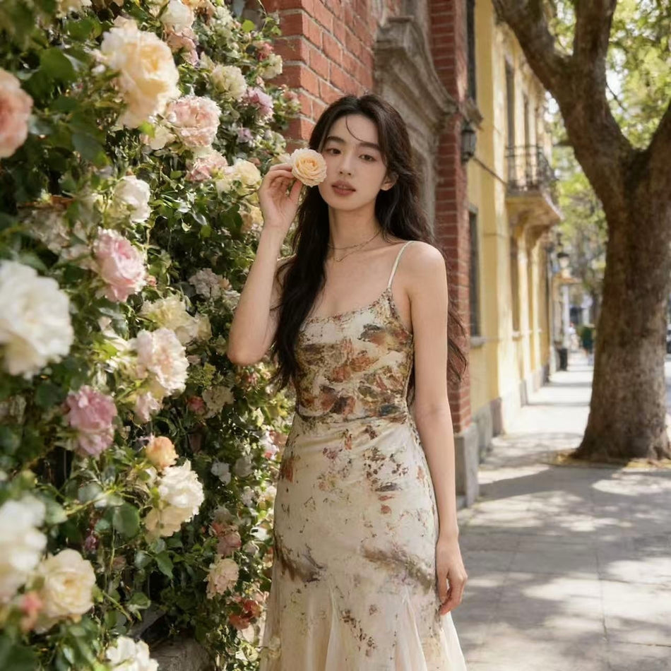 Floral Fishtail Suspender Long Dress for Women