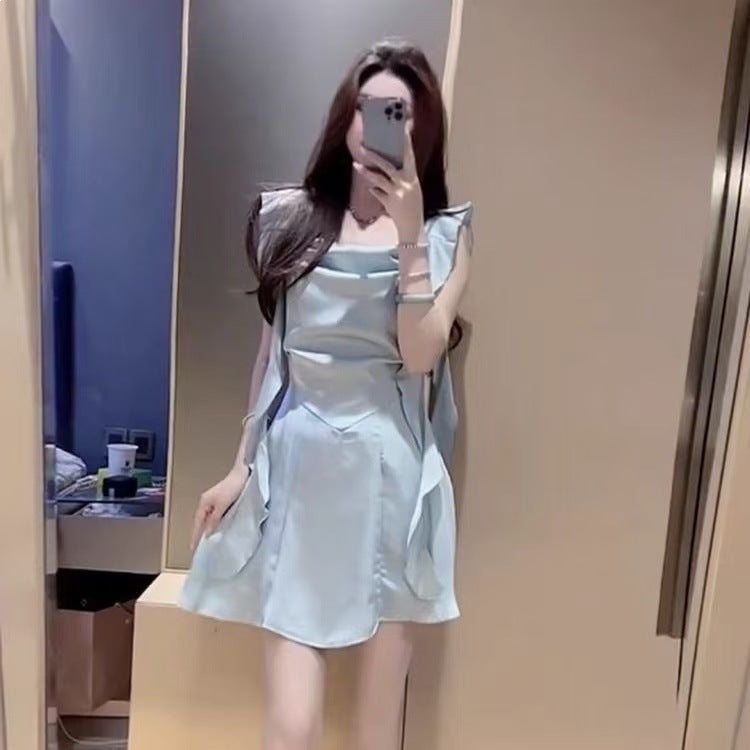 French Satin Square Neck Ruffled Short Dress