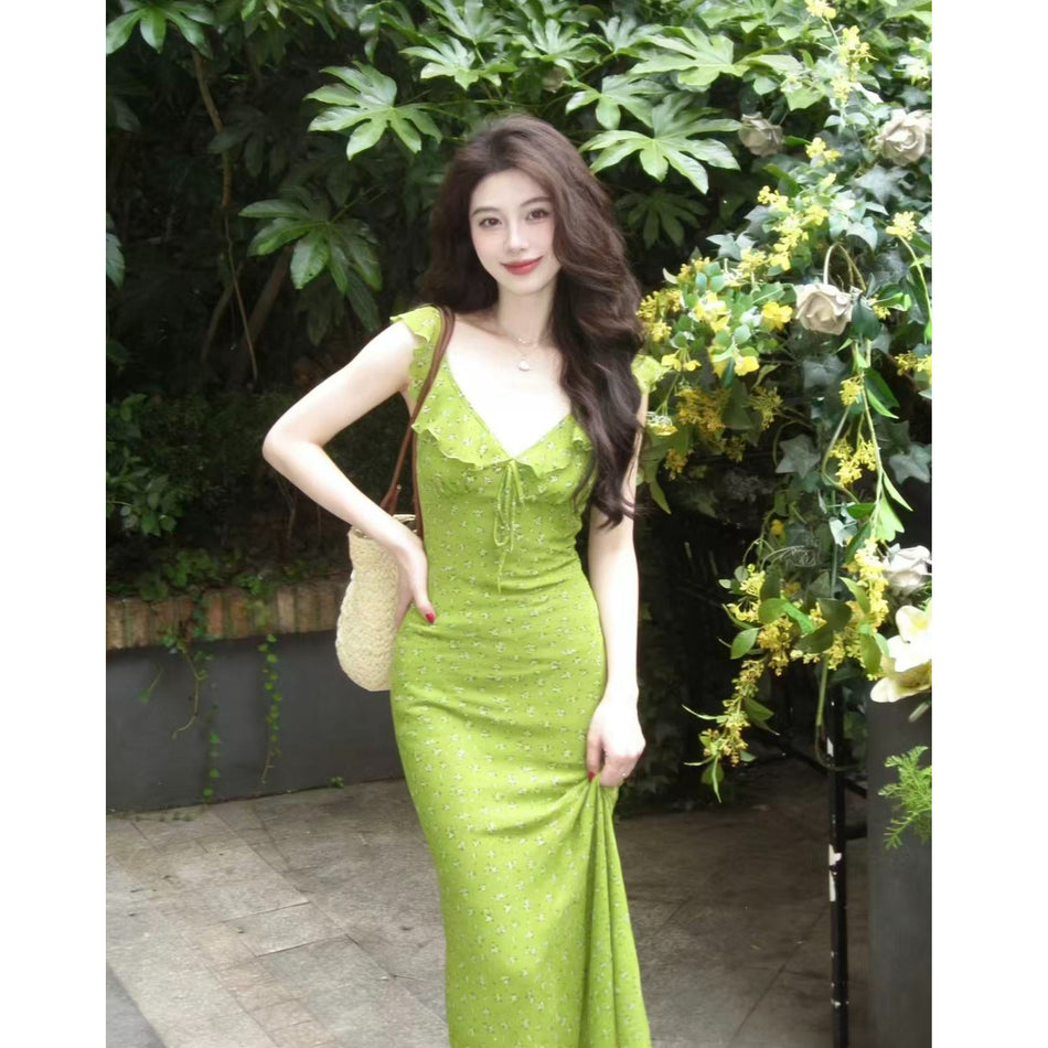 Green French Floral Ruffle Spaghetti Strap Dress