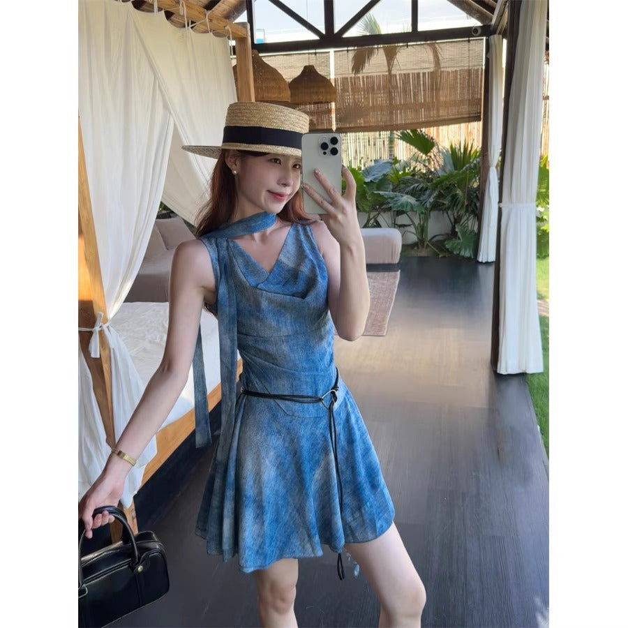Blue Draped Collar A-Line Summer Dress for Women