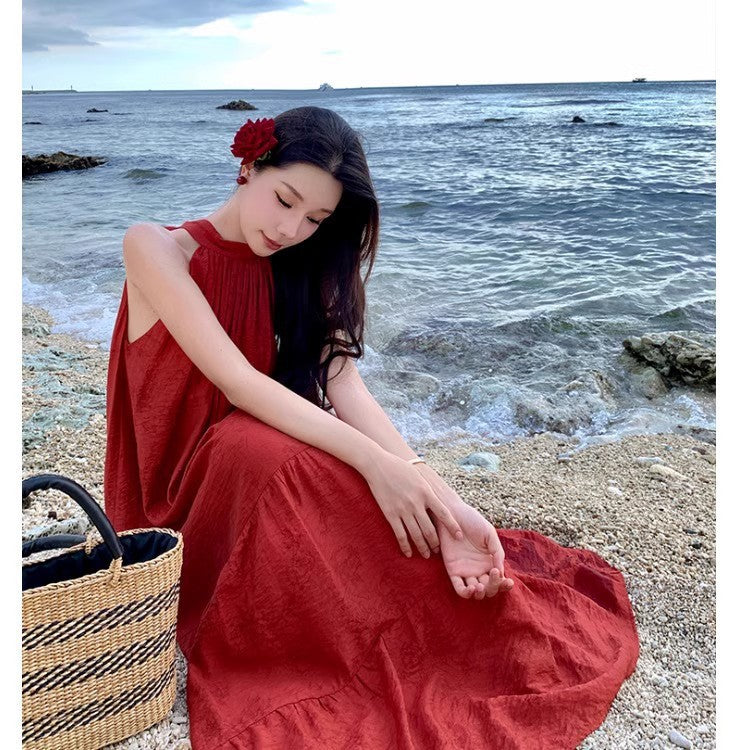 Chinese Retro Red Neck Elegant Summer Long Dress