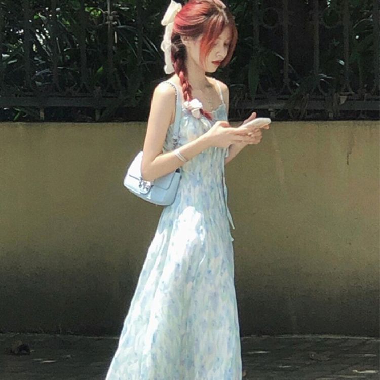 Blue Floral Sling Summer Dress Slim Waist Women