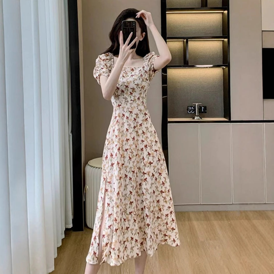 Retro Floral Puff Sleeve Split Summer Dress Women