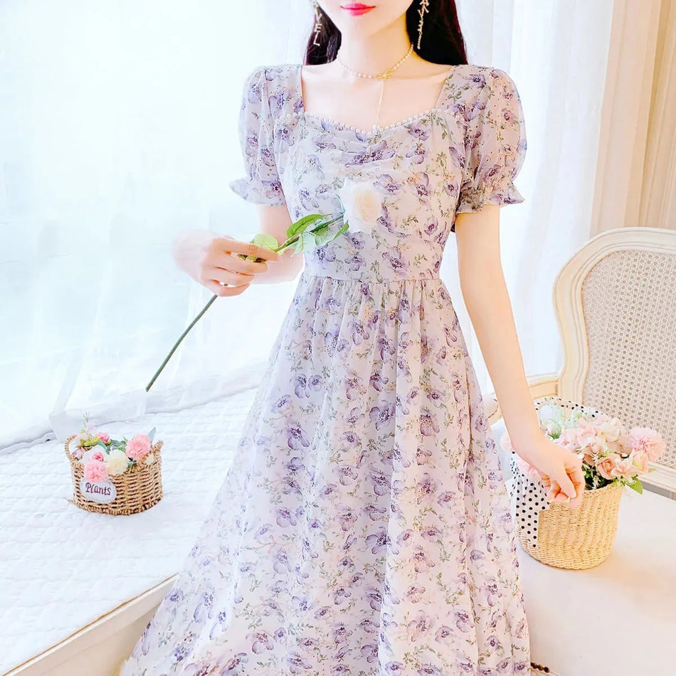 French Beaded Square Collar Floral Midi Dress Women