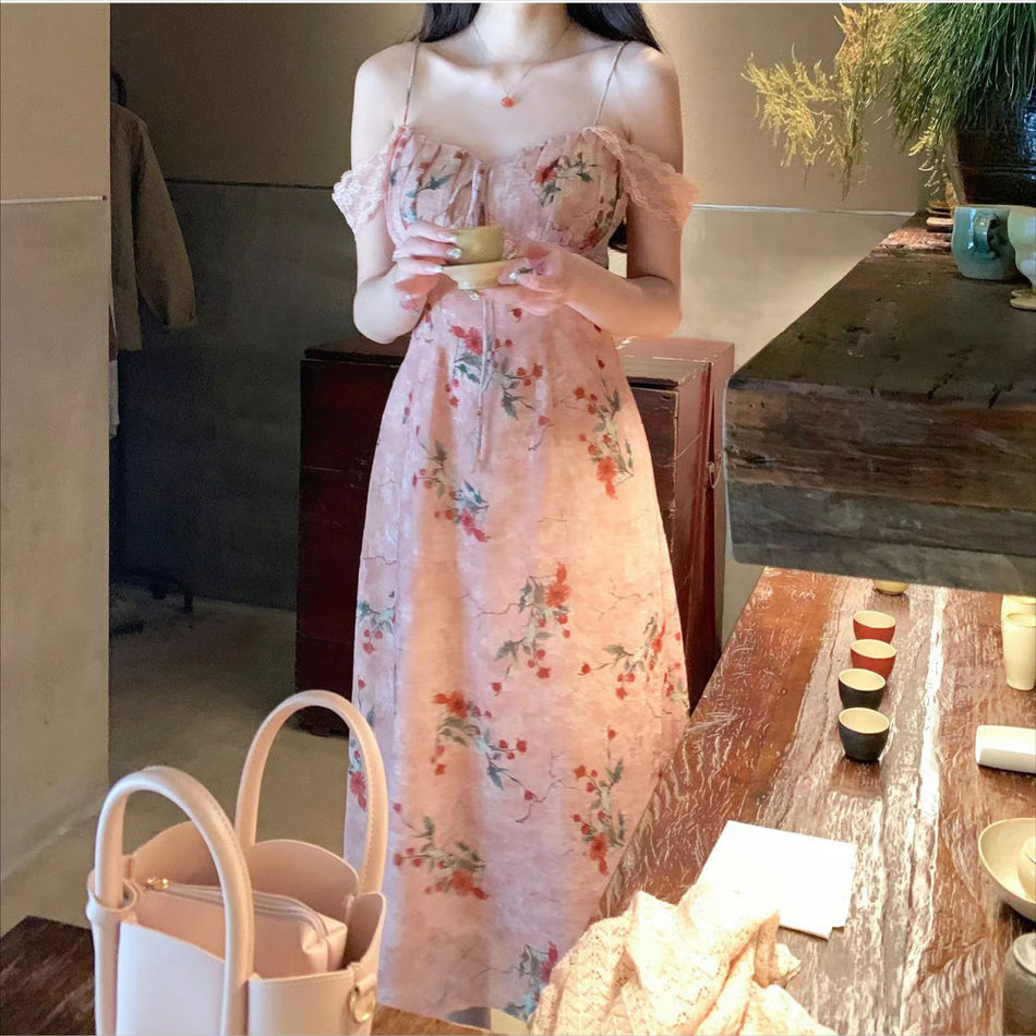 Retro Elegant Sling Midi Dress for Women Summer