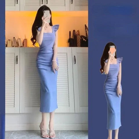 French Square Collar Split Slim Fit Summer Dress Women