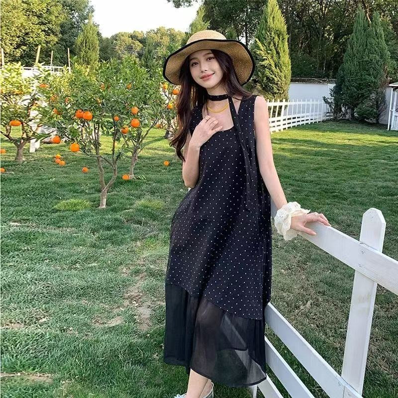 French Polka Dot Sleeveless Summer Long Dress 2026