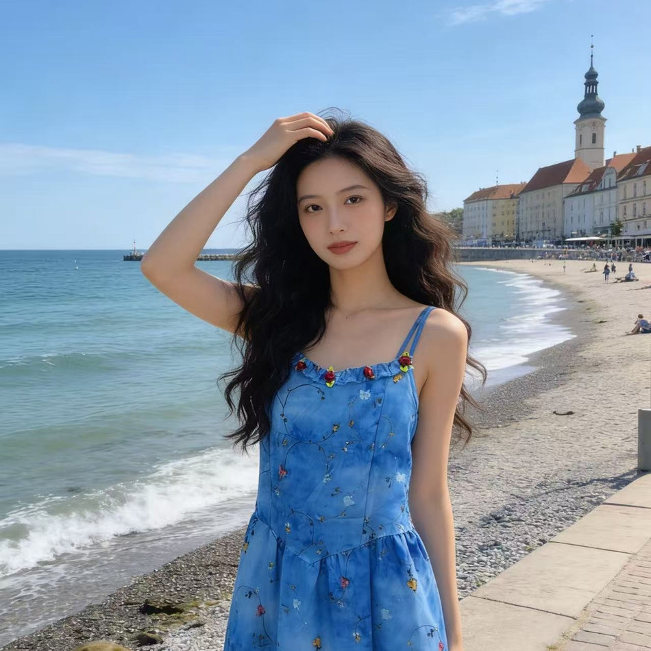 French Blue Floral Spaghetti Strap Dress Women Summer