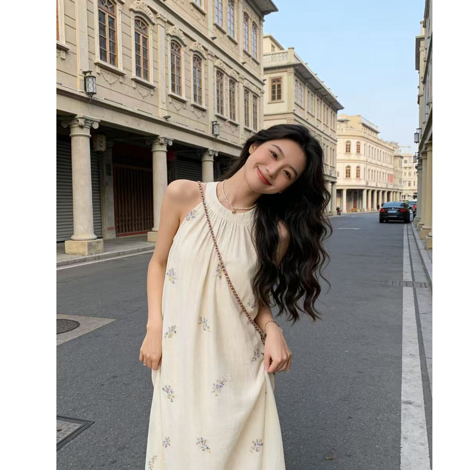 French Floral Halter Sleeveless Dress Women Summer 2026