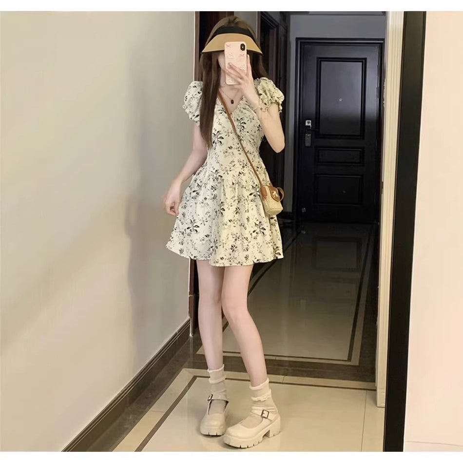 French Floral V-Neck Retro Dress Women Summer Short