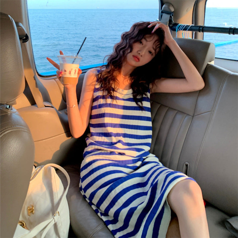 French Square Neck Striped Knit Tank Dress Women Summer