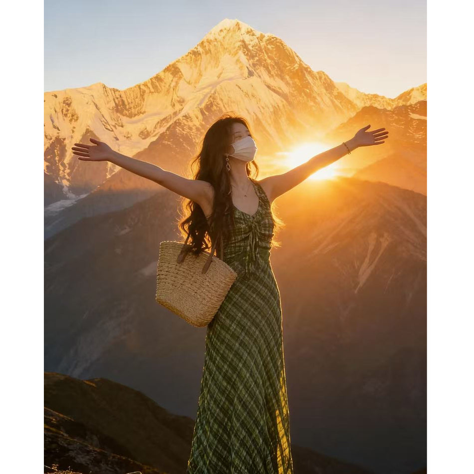 Retro Plaid Halter Neck A-Line Long Dress for Women 2026