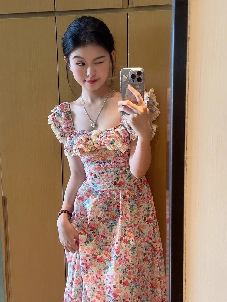 French Floral Flutter Sleeve Beach Vacation Long Dress