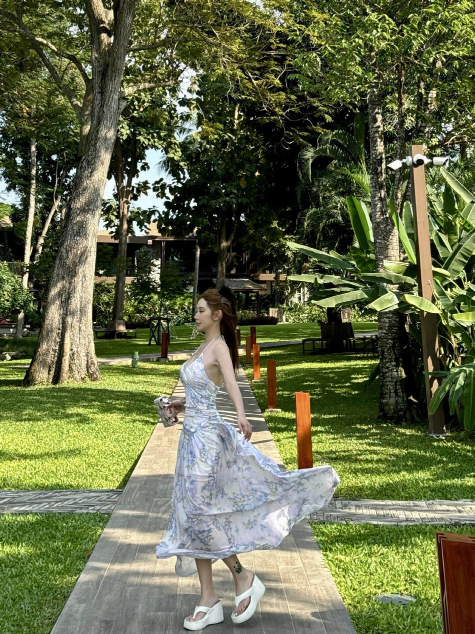 Elegant Floral Halter Neck Vacation Long Dress for Women