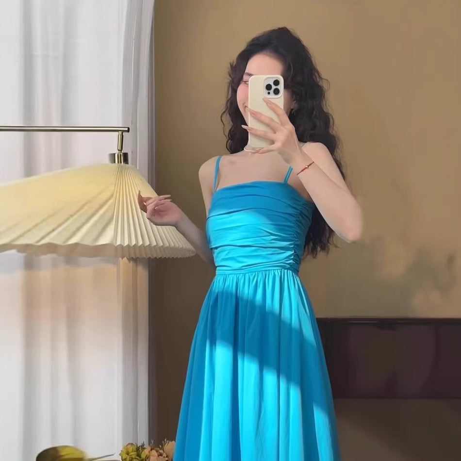 French-Style Beach Long Strap Dress for Women Vacation Wear