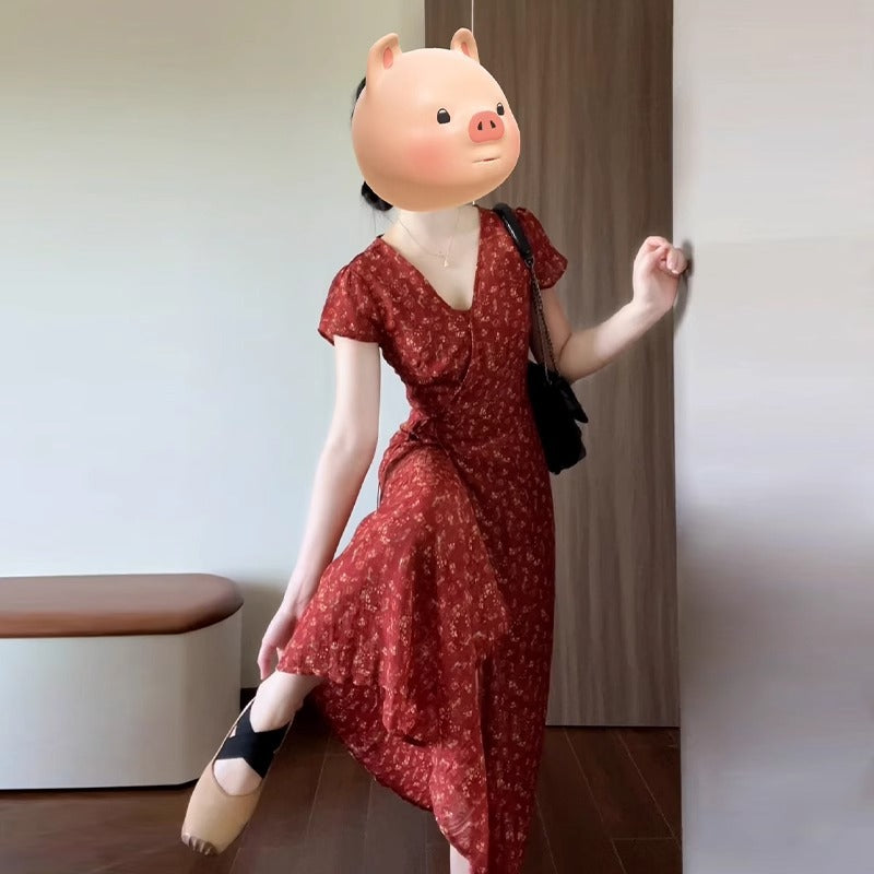 French Red Floral V-Neck Long Dress for Women Summer