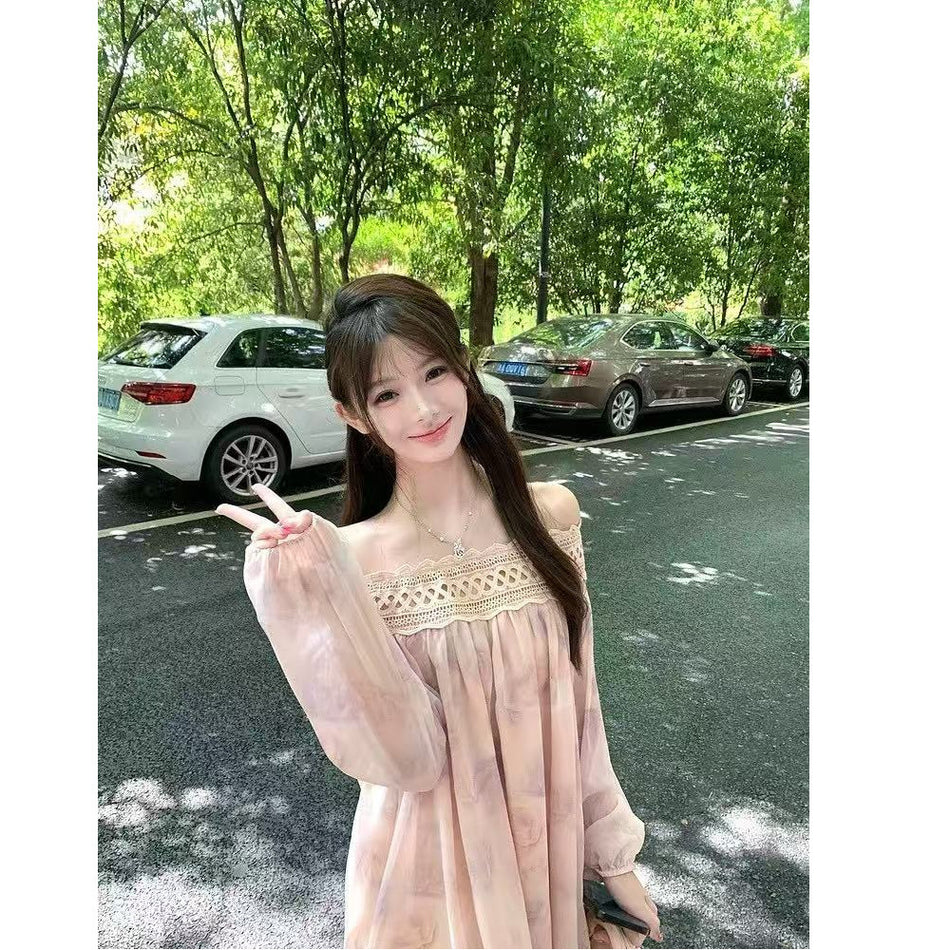 French Off-Shoulder Floral A-Line Dress for Women Autumn