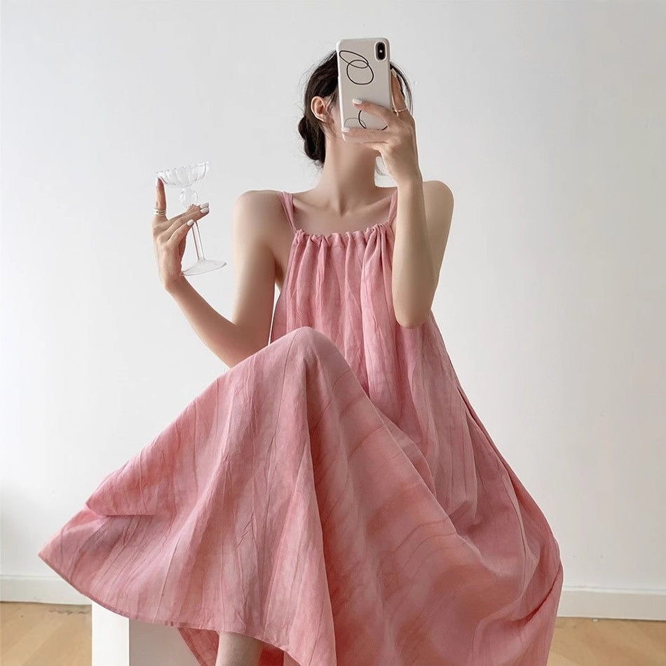Pink Halter Neck Suspender Long Dress for Women Summer