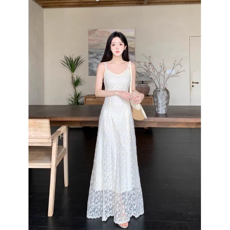 French Embroidered Lace Suspender Long Dress for Women