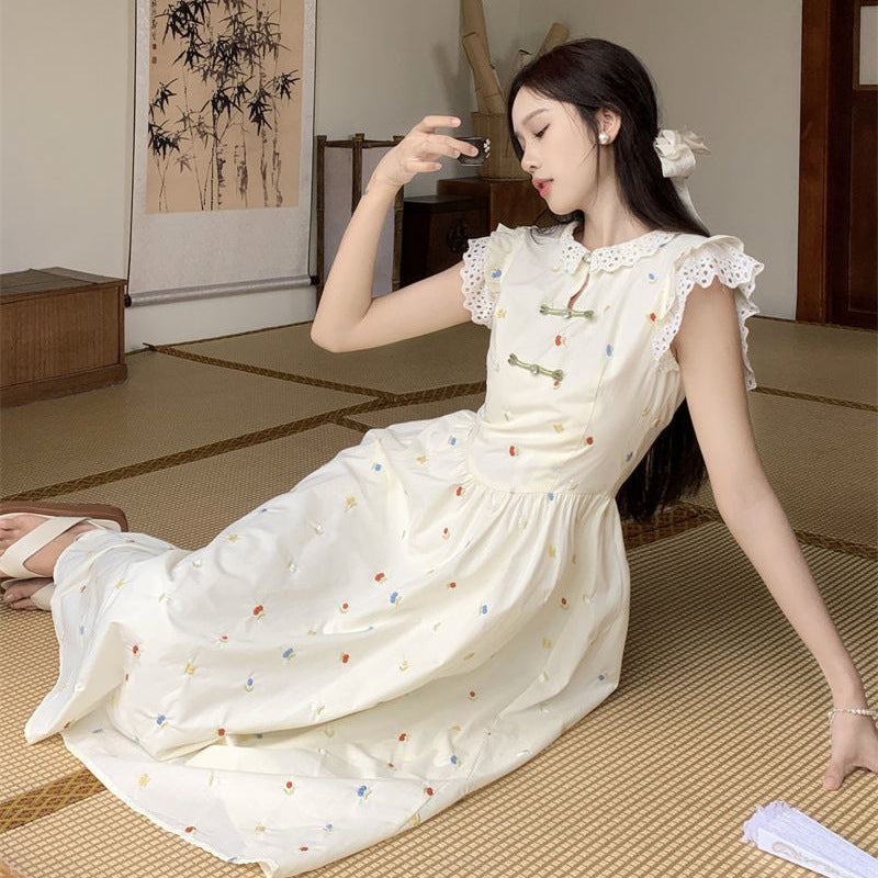 Chinoiserie Lace A-Line Midi Dress for Women Summer