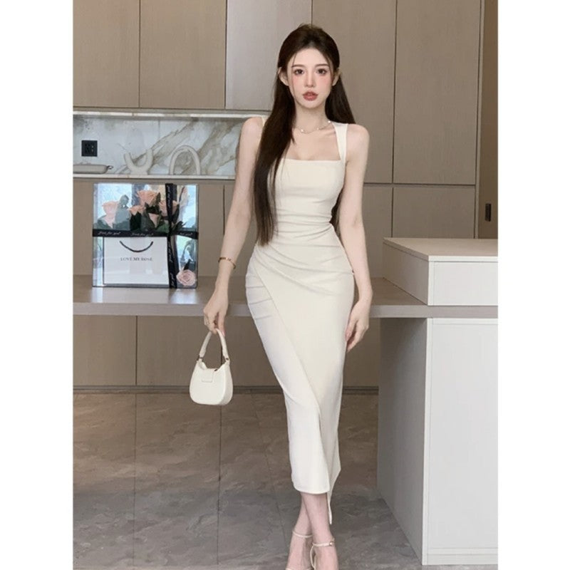 French Square Neck Slim Fit Long Dress for Women Summer