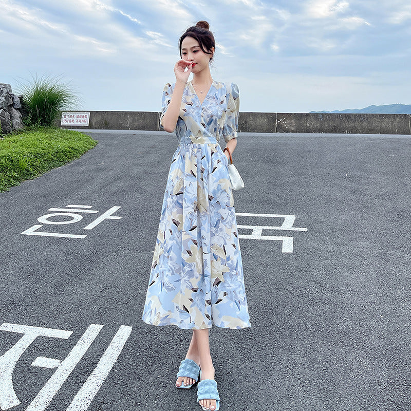 Korean Blue Floral V-Neck Midi Dress for Women Summer