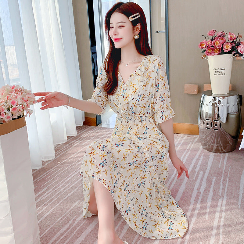 Chiffon Tea Break Floral Swing Dress for Women Summer