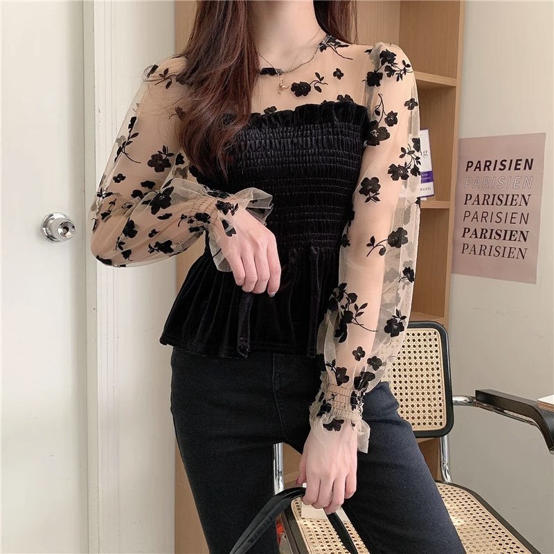 French Retro Lace Velvet Long Sleeve Shirt for Women 2024