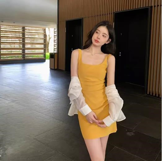 Pink Square Neck Sheath Suspender Dress for Women Summer