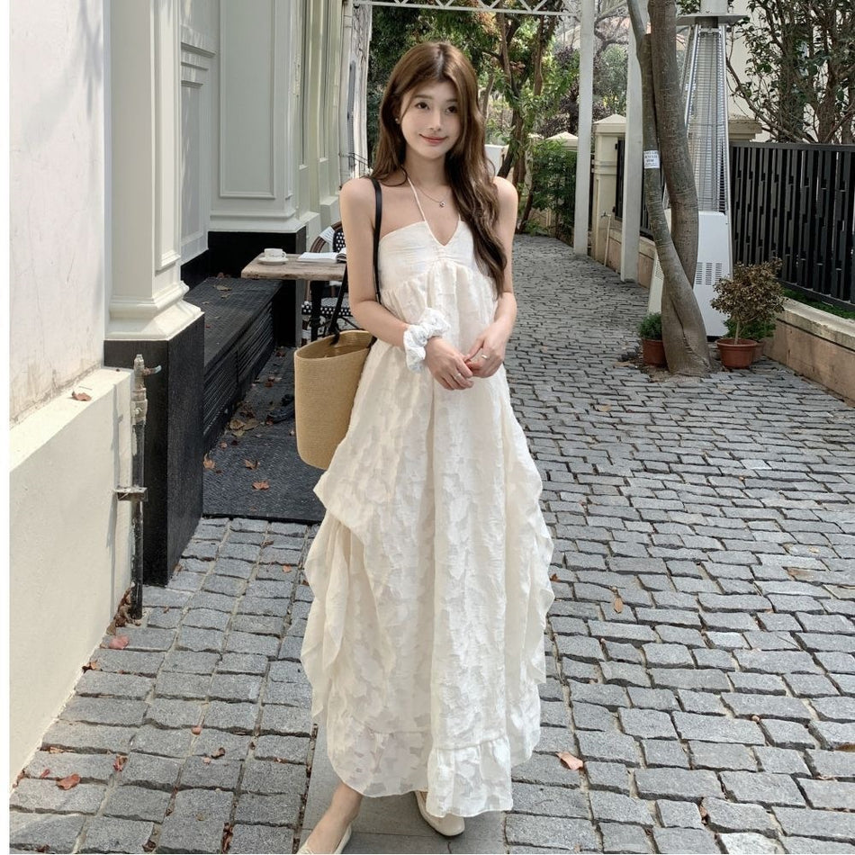 French Halter Backless Ruffled Beach Dress for Women Summer