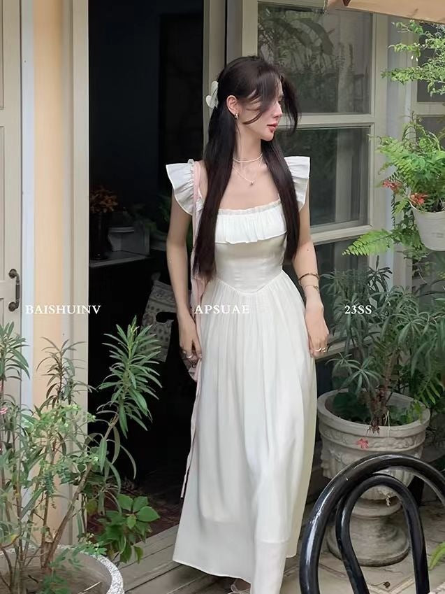 French Pink Flying Sleeve Waist Dress for Women Summer 2026