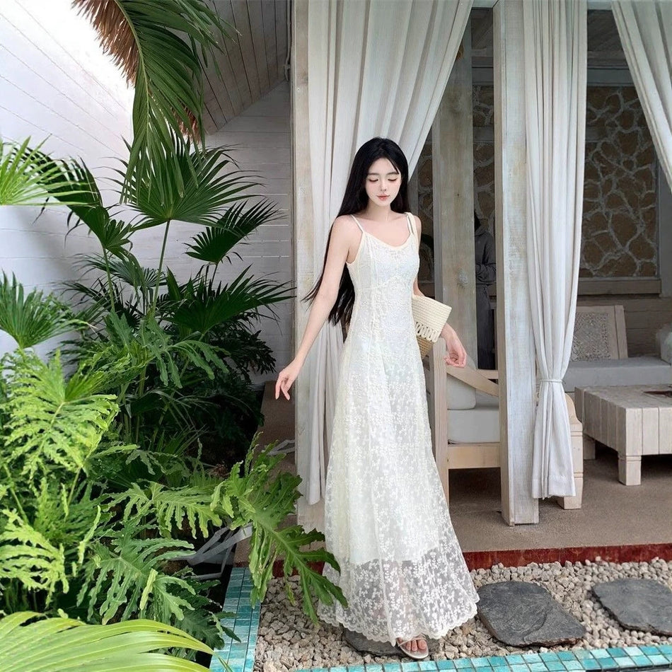 French Lace Strap Beach Dress for Women Summer Vacation